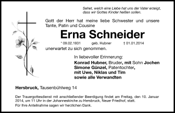 Traueranzeige von Erna Schneider von Hersbrucker Zeitung
